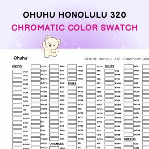 Peut inclure: Un nuancier de couleurs intitulé "OHUHU Honolulu 320 Chromatic Color Swatch". Le tableau présente une variété d'échantillons de couleurs, organisés par familles de couleurs, notamment les gris, les roses, les oranges, les bleus et les verts. Le logo Ohuhu est visible.