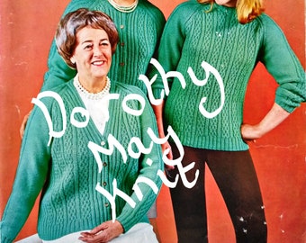 Vintage Cable Knit Cardigan Jumper Sweater Large Sizes Knitting Pattern 1960s - Digital Download