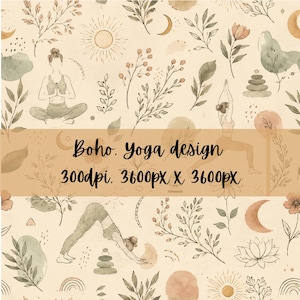 Pode incluir: Um padrão digital com poses de ioga, sóis, luas, flores e folhas em tons terrosos sobre um fundo creme. O texto "Boho Yoga design 300dpi 3600px x 3600px" está sobreposto em preto no centro da imagem.
