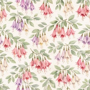 Könnte beinhalten: Aquarell-Blumenmuster mit Fuchsienblüten in Rosa, Lila und Creme, mit grünen Blättern auf cremefarbenem Hintergrund. Das Design wiederholt sich über die gesamte Oberfläche und erzeugt ein nahtloses Muster.