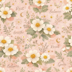 May include: A seamless pattern featuring white daisies with yellow centers and green leaves on a soft pink background. The design includes the words "Rest", "Breathe", "Balance", "Reset", and "Gentle", along with crescent moons and suns.