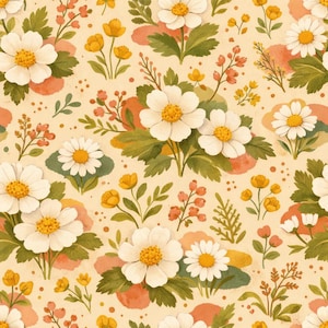 May include: A seamless floral pattern featuring white flowers with yellow centers, daisies, and yellow buds on a cream background. Green leaves and red berries are interspersed throughout the design. The pattern has a watercolor effect.