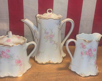 Antique Haviland Limoges Procelain Tea Set: Teapot, Creamer Pitcher, and Sugar Bowl