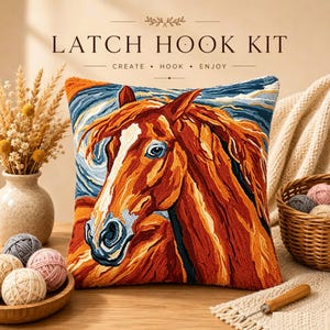Latch Hook Pillow Kit 43x43cm Pre-Printed Horse Pattern DIY Craft for Adults Beginners Home Sofa Decor