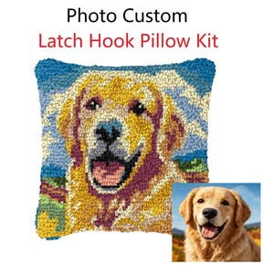 May include: A square latch hook pillow kit featuring a golden retriever portrait with yellow, brown, and blue yarn textures. The text Photo Custom Latch Hook Pillow Kit is displayed above the pillow, alongside a reference photograph of the dog.