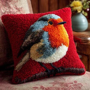 May include: A red decorative pillow with a detailed embroidered image of a robin. The bird features orange, blue, white, and brown coloring. The pillow is square and has a textured surface, resting on a patterned cushion.