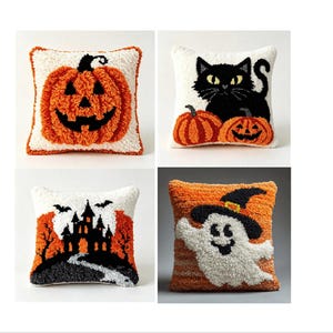 May include: Four square throw pillows featuring textured punch needle designs. One shows an orange jack-o'-lantern, another a black cat with two pumpkins, a third a haunted castle with bats, and the fourth a white ghost wearing a witch hat.