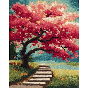 Kit para hacer alfombras con gancho - Paisaje de cerezos en flor, 52 x 38 cm.