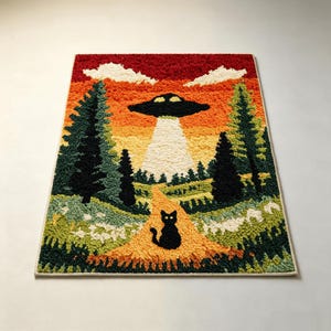 May include: A rectangular tufted rug featuring a landscape scene with a black cat sitting on a path. Above, a black UFO emits a white beam of light against a sunset sky of orange, red, and yellow, flanked by dark green pine trees and white clouds.