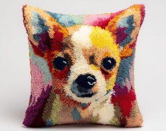 Chihuahua Dog Latch Hook Pillow Kit, Pre-Printed Canvas Craft, 17x17 Inch Sofa Cushion Decor