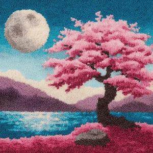 May include: A colorful artwork depicts a full moon in a blue sky above a pink flowering tree. The tree is next to a body of water and purple mountains. The artwork is a landscape scene.