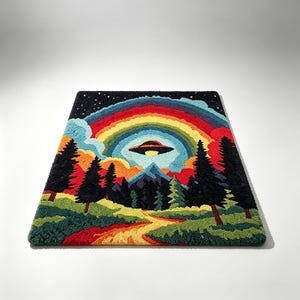 May include: A rectangular tufted rug featuring a landscape scene with a yellow dirt path leading toward a mountain range. Above the mountains, a black UFO hovers beneath a vibrant, multi-colored rainbow arch set against a dark, starry night sky.