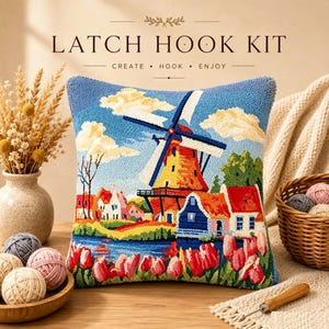 Latch Hook Pillow Cover, Dutch Windmill & Tulip Landscape, Handmade European Cottage Cushion, 43x43 cm