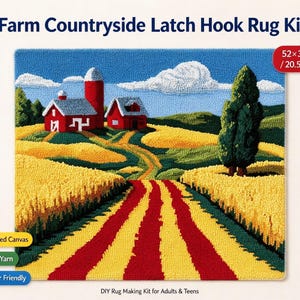 May include: Farm Countryside Latch Hook Rug Kit measuring 20.5 x 15 inches. The rug features a rural landscape with red barns, a silo, yellow fields, green hills, a tall tree, and a blue sky with white clouds. Includes pre-printed canvas and yarn.