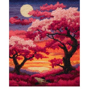 May include: A punch needle embroidery wall hanging depicting a landscape with two large trees featuring vibrant pink and red foliage. The scene includes a bright yellow full moon in a dark purple sky above a glowing orange and yellow sunset horizon.
