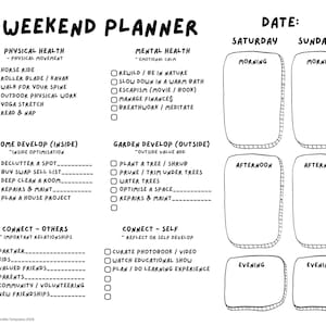 Puede incluir: Un planificador de fin de semana en blanco y negro con el título "WEEKEND PLANNER". El planificador incluye secciones para la salud física y mental, el desarrollo del hogar y el jardín, y la conexión con los demás y uno mismo. También tiene espacio para escribir la fecha.