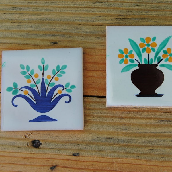 set of 2 small portuguese handpainted tiles - flowerpots