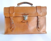 Unique vintage caramel LEATHER BRIEFCASE  (retro school bag) (003)