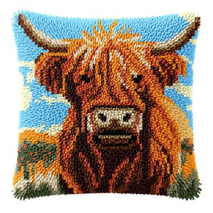 Kit de coussin à crochets pour loquet DIY : motif bovin Highland imprimé couleur taie de coussin, couture, point de croix, fil 17 x 17 po./43 x 43 cm