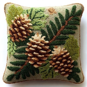 Peut inclure: Un coussin carré avec un motif en point de tapisserie texturé représentant trois pommes de pin brunes nichées parmi des aiguilles de pin vert foncé et des feuilles de chêne vert clair sur un fond beige, bordé d'une ganse tressée assortie.