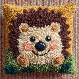 Könnte beinhalten: Ein quadratisches, handgefertigtes Kissen mit einem lächelnden Igel-Design. Der Igel hat ein hellbeige Gesicht, braune Stacheln und rosige Wangen. Der Hintergrund ist gelb und grün, mit einem strukturierten, genähten Aussehen.