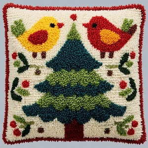 May include: A square throw pillow featuring a textured punch needle design on an off-white background. The center displays a dark green and light green pine tree, flanked by a yellow bird on the left and a red bird on the right, with red berries.