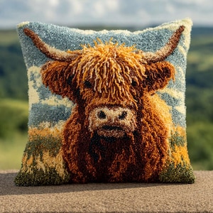 DIY Latch Hook Pillow Kit:  Highland cattle Pattern Color Printed Throw Pillow Cover Needlework Cross Stitch Set Yarn 17 x 17in/43 x 43 cm