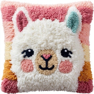 May include: A square, tufted pillow featuring a white llama face with pink cheeks, a pink heart-shaped nose, and black eyes. The background has horizontal stripes of pink, yellow, and orange. The pillow is a decorative home accent.