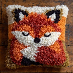 DIY Latch Hook Pillow Kit: Fox Pattern Color Printed Throw Pillow Cover Needlework Cross Stitch Set Yarn Embroidery 17 x 17in/43 x 43 cm