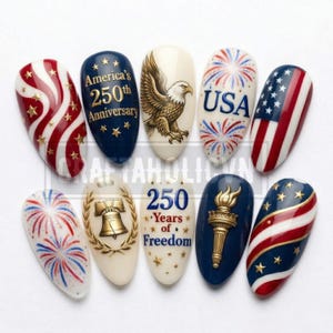 May include: A collection of ten nail art designs with patriotic themes. Designs include the American flag, fireworks, an eagle, and the text "USA" and "250 Years of Freedom". Colors include red, white, blue, and gold.