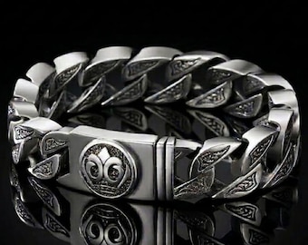 Gothic Fleur De Lis Bracelet Men Stainless Steel Cuban Link Engraved Clasp Biker Jewelry Gift