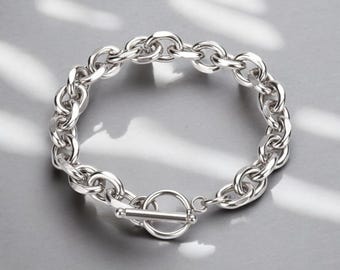 Mens Silver Link Chain Bracelet Toggle Clasp Stainless Steel Minimalist Jewelry Gift