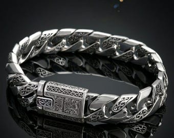 Gothic Engraved Chain Bracelet Men Stainless Steel Cuban Link Biker Punk Jewelry Gift