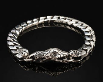 Gothic Snake Chain Bracelet Men Stainless Steel Skull Hook Cuban Link Punk Biker Gift