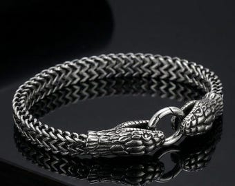 Stainless Steel Snake Head Bracelet Men Black Silver Braided Chain Wrist Jewelry