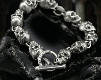 Gothic Skull Bracelet Men Sterling Silver Toggle Clasp Biker Punk Jewelry Gift