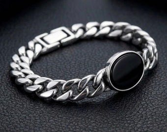 Stainless Steel Chain Bracelet Men Silver Black Oval Center Cuban Link Wrist Jewelry