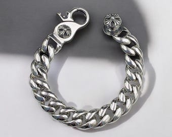 Heavy Cuban Link Chain Bracelet Silver Metal Gothic Floral Clasp Jewelry Gift For Men