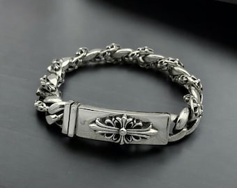 Gothic Punk Silver Chain Bracelet for Men Engraved Bar Link Metal Jewelry