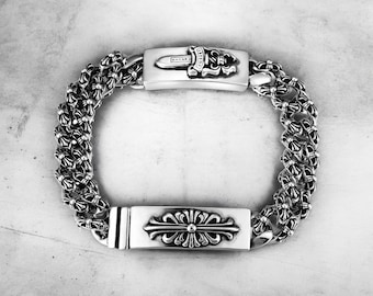 Silver Cross Chain Bracelet Men Gothic Engraved Plate Link Stainless Steel Jewelry