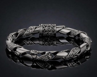 Retro Hollow Pattern Bracelet Men Stainless Steel Auspicious Design Vintage Jewelry Gift
