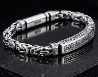Silver Chain Bracelet Men Engraved Bar Link Black Oxidized Jewelry Minimalist Style