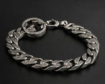Stainless Steel Cuban Link Bracelet Men Silver Engraved Chain Adjustable Sizes Wrist Jewelry