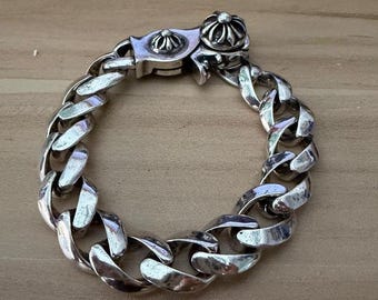 Heavy Cuban Link Chain Bracelet Silver Metal Gothic Floral Clasp Jewelry Gift For Men