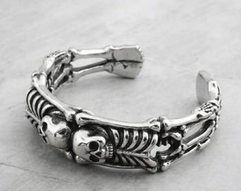 Gothic Skull Bone Cuff Bracelet: Silver Open Bangle, Punk Rock Statement Jewelry