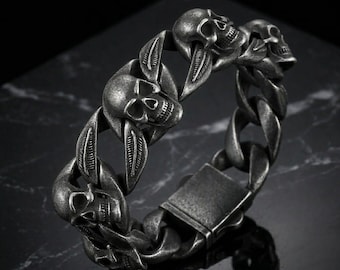 Black Skull Chain Bracelet Stainless Steel Men Gothic Biker Link Bracelet