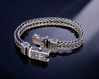Sterling Silver Woven Bracelet Men Thai Gothic Box Clasp