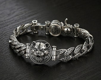 Stainless Steel Tiger Head Bracelet Men Silver Chain Link Animal Wrist Jewelry