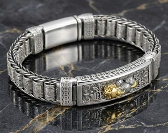 Vintage Pixiu Prayer Engraved Bracelet Silver Gold Accent Feng Shui Style Statement Bracelet Men