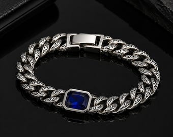Silver Chain Bracelet Blue Stone Men Cuban Link Stainless Steel Jewelry